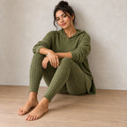 Women's Ribbed Hoodie Lounge Set - Longline Hooded Top & Leggings - Olive