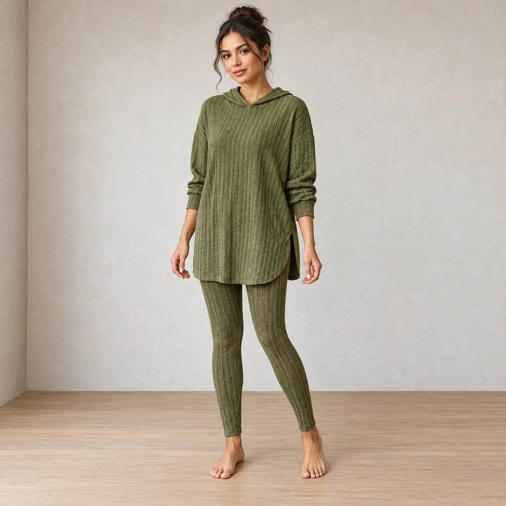 Women's Ribbed Hoodie Lounge Set - Longline Hooded Top & Leggings - Olive