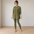 Women's Ribbed Hoodie Lounge Set - Longline Hooded Top & Leggings - Olive
