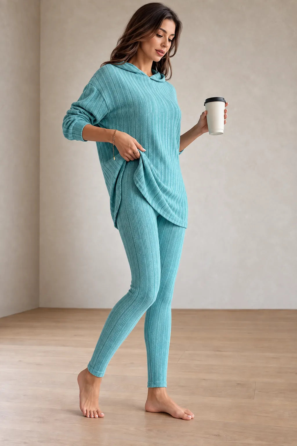 Women's Ribbed Hoodie Lounge Set - Longline Hooded Top & Leggings - Teal
