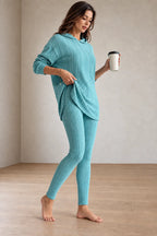 Women's Ribbed Hoodie Lounge Set - Longline Hooded Top & Leggings - Teal
