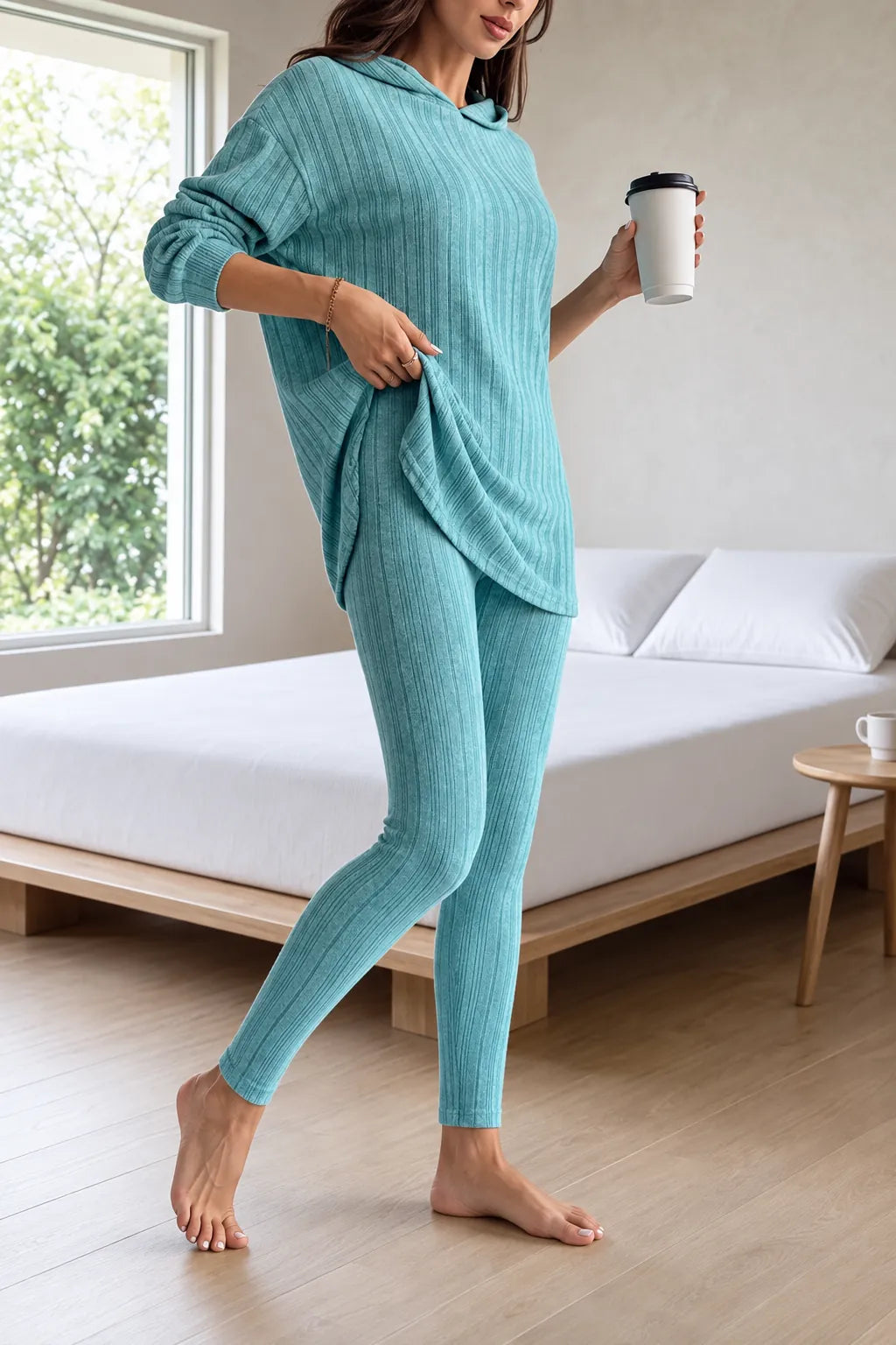 Women's Ribbed Hoodie Lounge Set - Longline Hooded Top & Leggings - Teal
