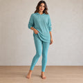 Women's Ribbed Hoodie Lounge Set - Longline Hooded Top & Leggings - Teal