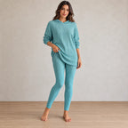 Women's Ribbed Hoodie Lounge Set - Longline Hooded Top & Leggings - Teal