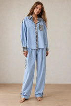 Women's Button-Front Pajama Set - Long Sleeve Shirt & Pants with Ankle Ties - Blue Stripe