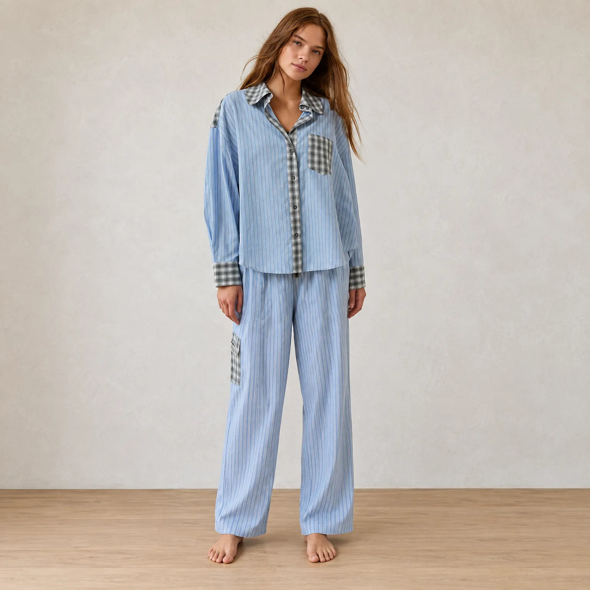 Women's Button-Front Pajama Set - Long Sleeve Shirt & Pants with Ankle Ties - Blue Stripe
