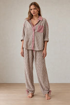 Women's Button-Front Pajama Set - Long Sleeve Shirt & Pants with Ankle Ties - Pink Plaid