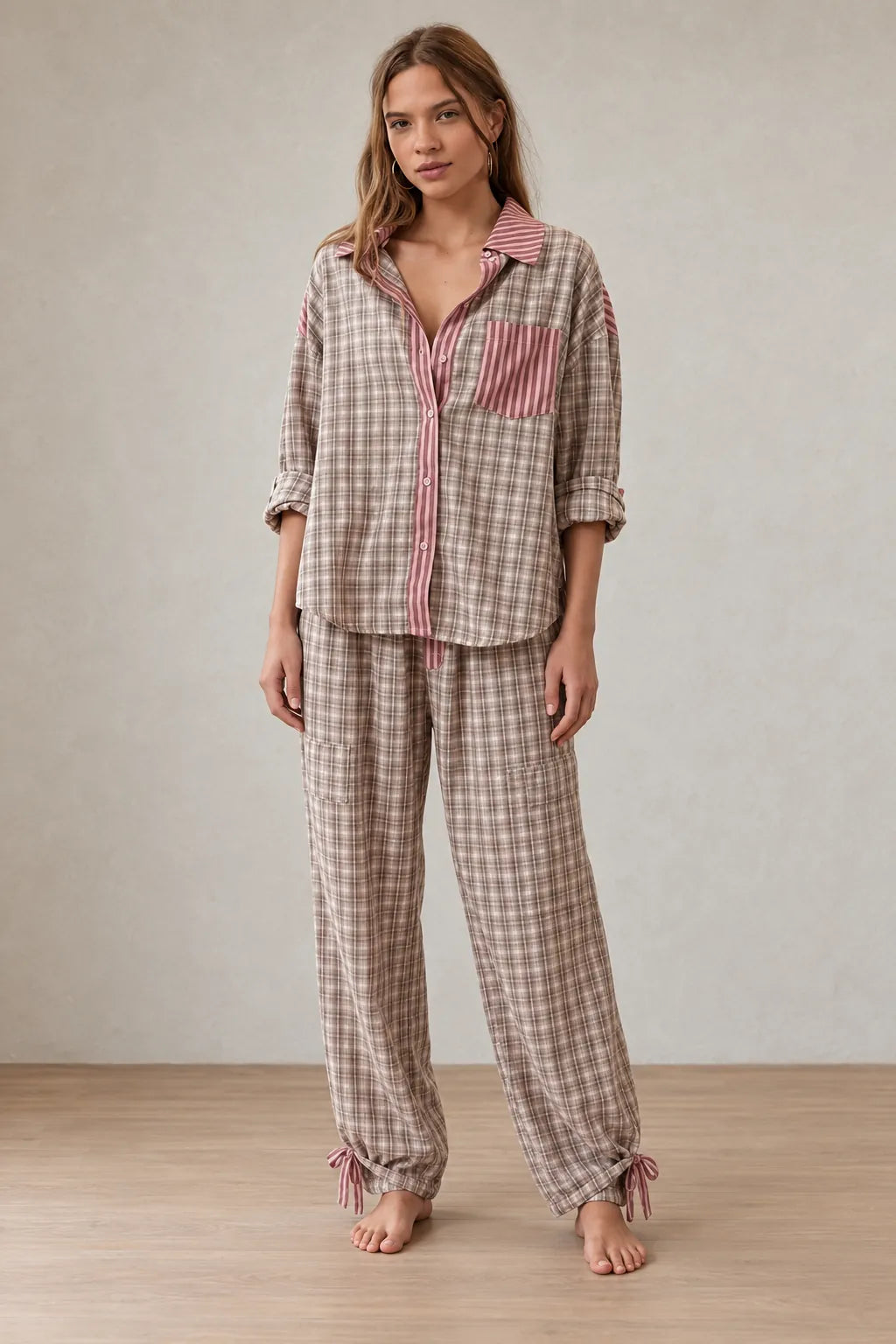 Women's Button-Front Pajama Set - Long Sleeve Shirt & Pants with Ankle Ties - Pink Plaid
