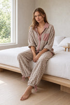 Women's Button-Front Pajama Set - Long Sleeve Shirt & Pants with Ankle Ties - Pink Plaid