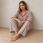 Women's Button-Front Pajama Set - Long Sleeve Shirt & Pants with Ankle Ties - Pink Plaid