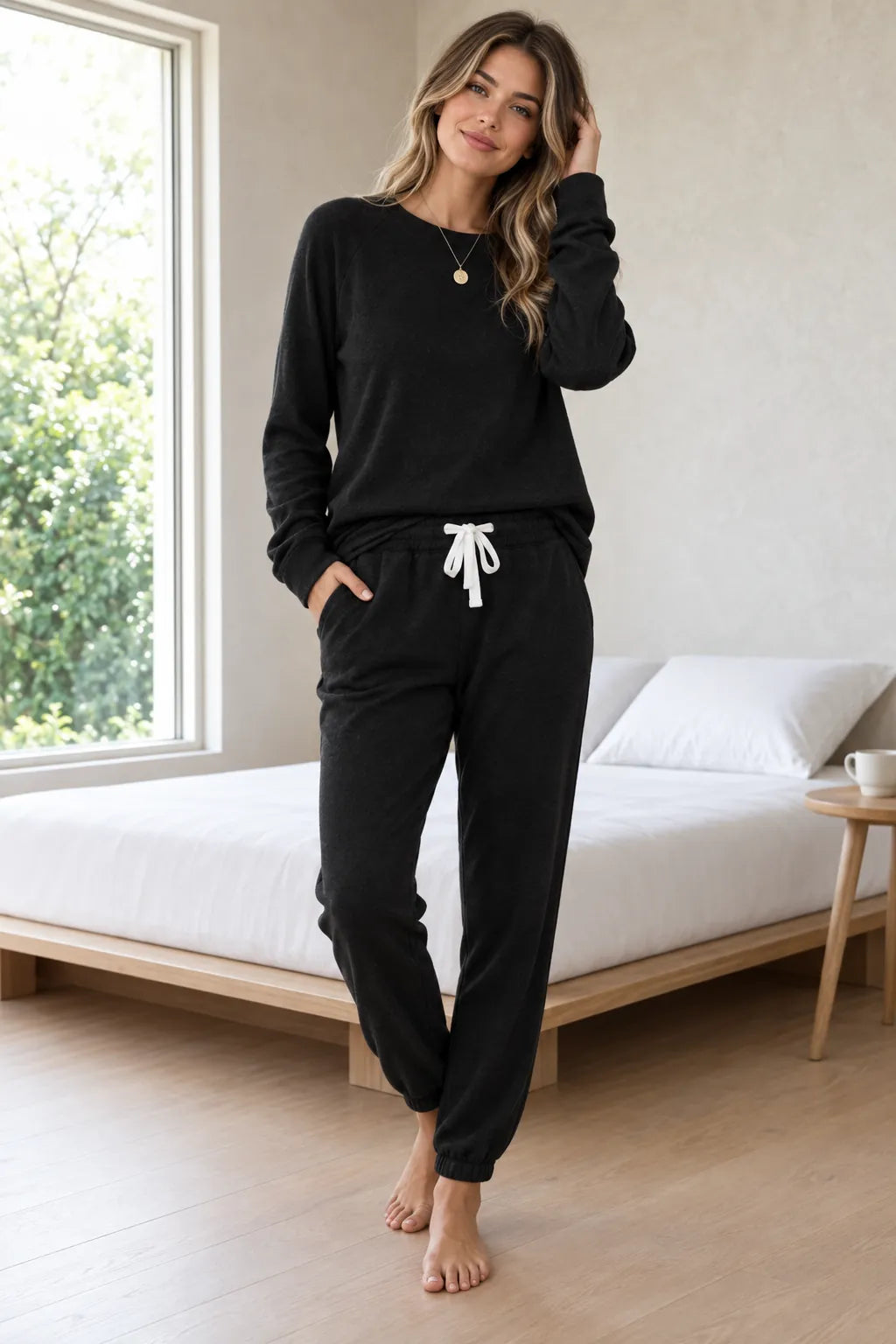 Women's Two-Piece Lounge Set - Crewneck Sweatshirt & Jogger Pants - Black