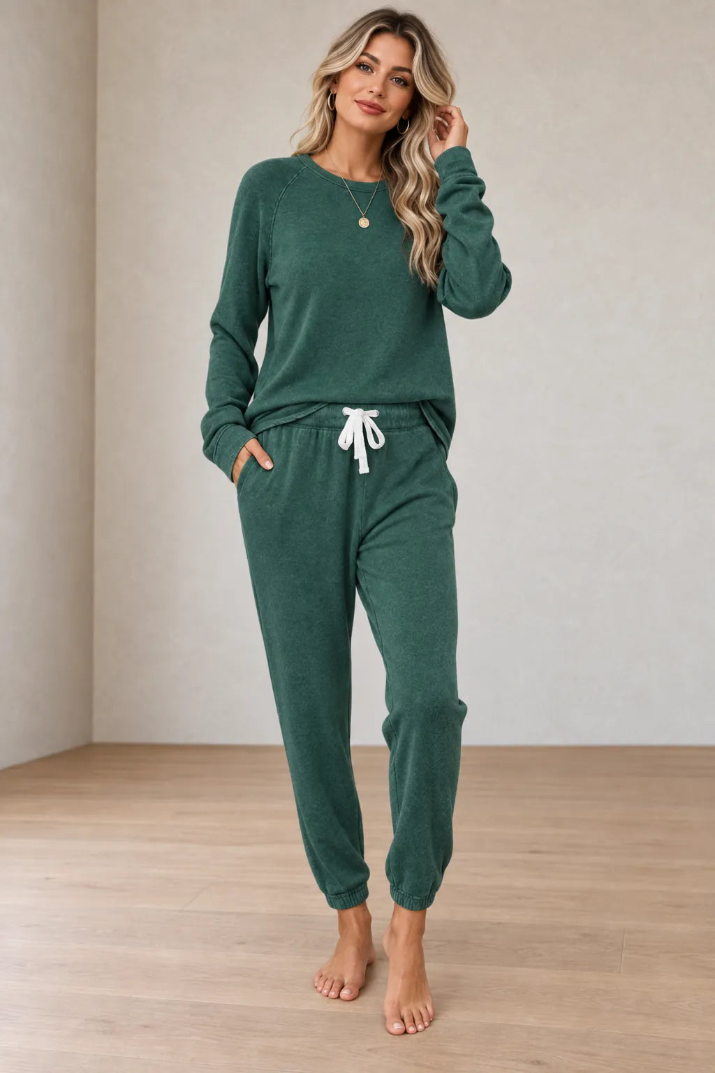Women's Two-Piece Lounge Set - Crewneck Sweatshirt & Jogger Pants - Forest Green