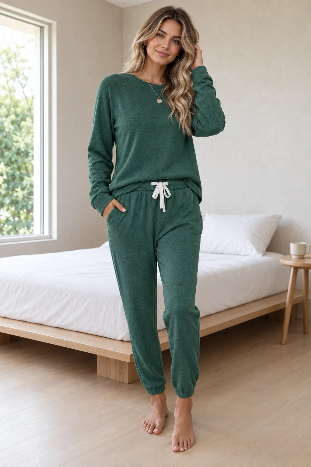 Women's Two-Piece Lounge Set - Crewneck Sweatshirt & Jogger Pants - Forest Green