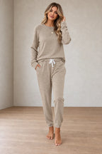 Women's Two-Piece Lounge Set - Crewneck Sweatshirt & Jogger Pants - Khaki