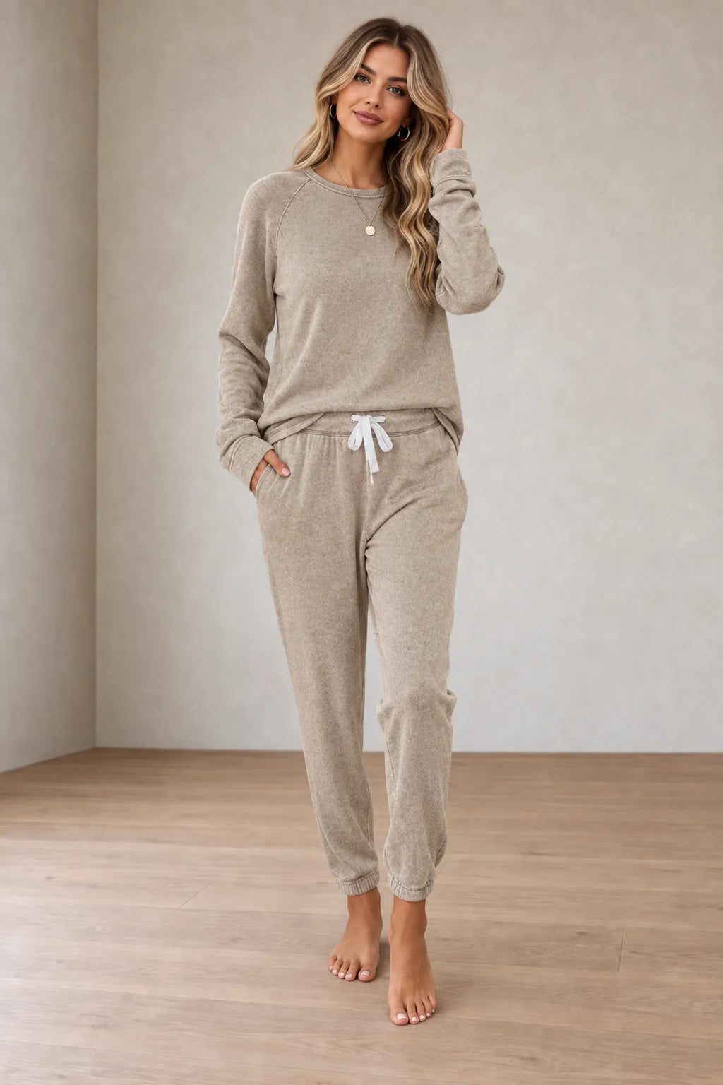Women's Two-Piece Lounge Set - Crewneck Sweatshirt & Jogger Pants - Khaki