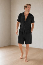 Men's Linen Lounge Set - Camp Collar Button-Down Shirt & Drawstring Shorts - Black