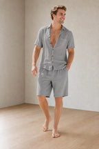 Men's Linen Lounge Set - Camp Collar Button-Down Shirt & Drawstring Shorts - Gray