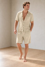Men's Linen Lounge Set - Camp Collar Button-Down Shirt & Drawstring Shorts - Khaki