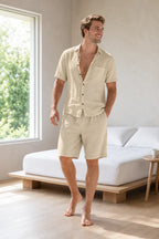 Men's Linen Lounge Set - Camp Collar Button-Down Shirt & Drawstring Shorts - Khaki