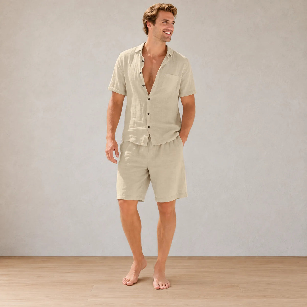 Men's Linen Lounge Set - Camp Collar Button-Down Shirt & Drawstring Shorts - Khaki