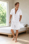 Men's Linen Lounge Set - Camp Collar Button-Down Shirt & Drawstring Shorts - White