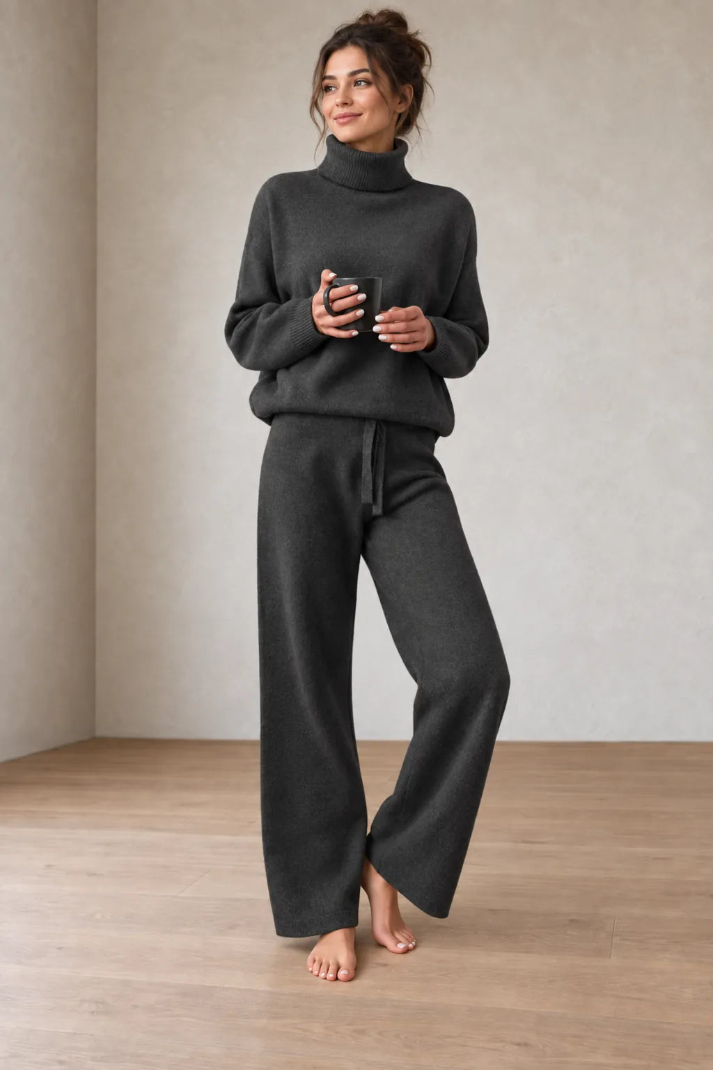 Women's Turtleneck Knit Lounge Set - Sweater & Wide-Leg Pants - Black