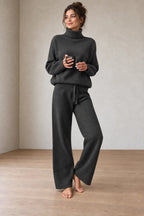 Women's Turtleneck Knit Lounge Set - Sweater & Wide-Leg Pants - Black