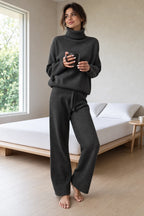 Women's Turtleneck Knit Lounge Set - Sweater & Wide-Leg Pants - Black