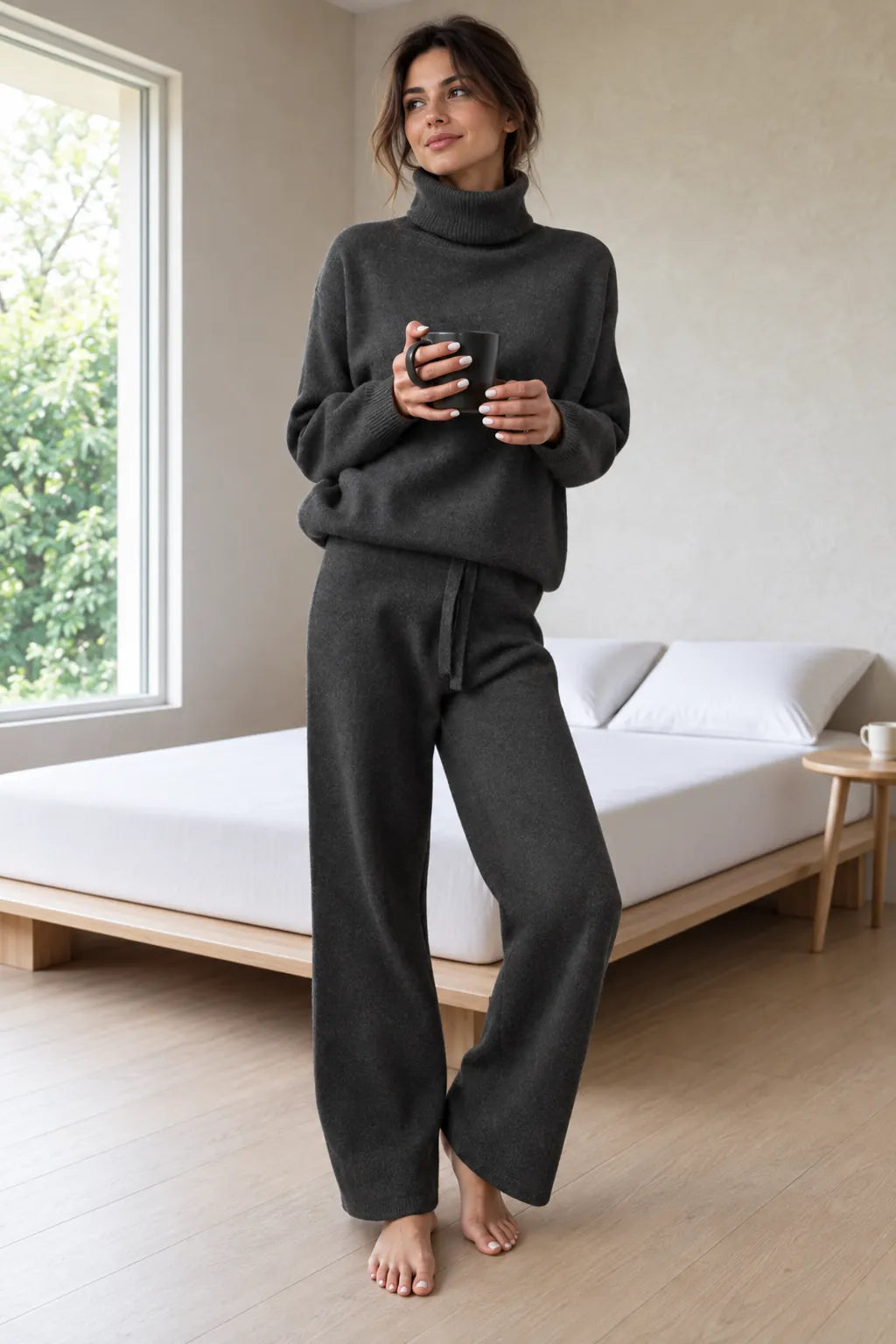 Women's Turtleneck Knit Lounge Set - Sweater & Wide-Leg Pants - Black