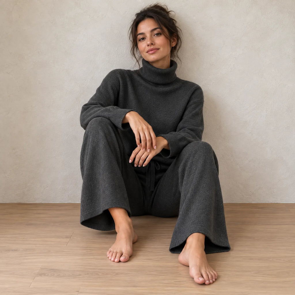Women's Turtleneck Knit Lounge Set - Sweater & Wide-Leg Pants - Black