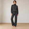 Women's Turtleneck Knit Lounge Set - Sweater & Wide-Leg Pants - Black