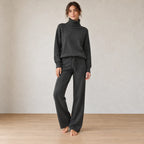 Women's Turtleneck Knit Lounge Set - Sweater & Wide-Leg Pants - Black