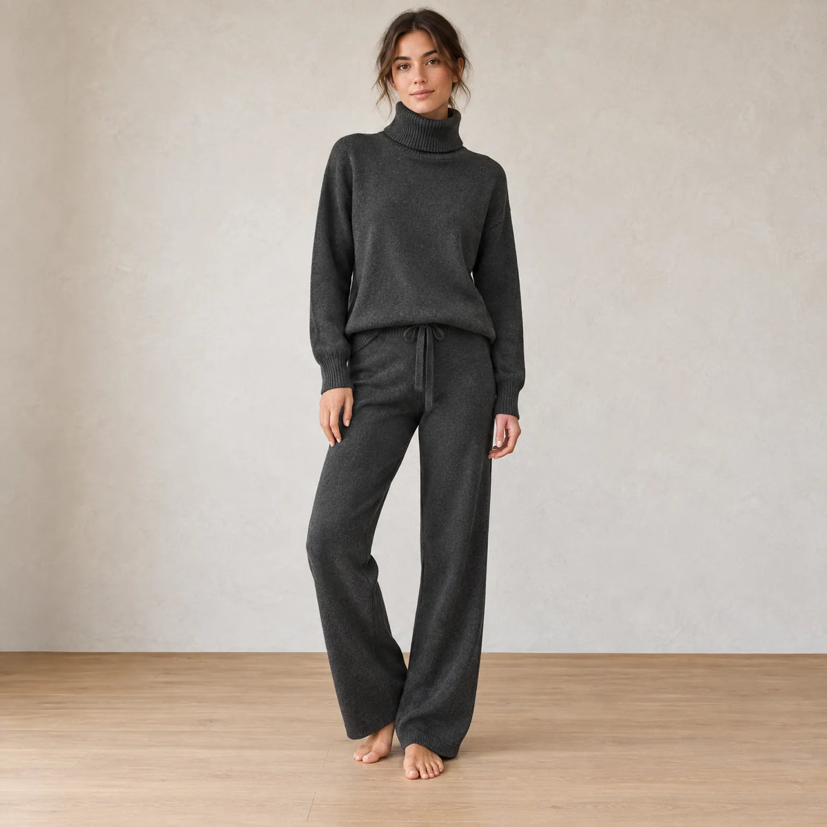 Women's Turtleneck Knit Lounge Set - Sweater & Wide-Leg Pants - Black
