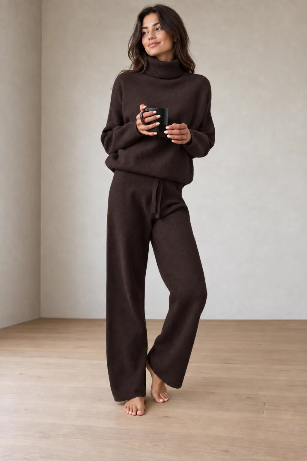 Women's Turtleneck Knit Lounge Set - Sweater & Wide-Leg Pants - Chocolate