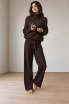 Women's Turtleneck Knit Lounge Set - Sweater & Wide-Leg Pants - Chocolate
