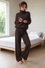 Women's Turtleneck Knit Lounge Set - Sweater & Wide-Leg Pants - Chocolate