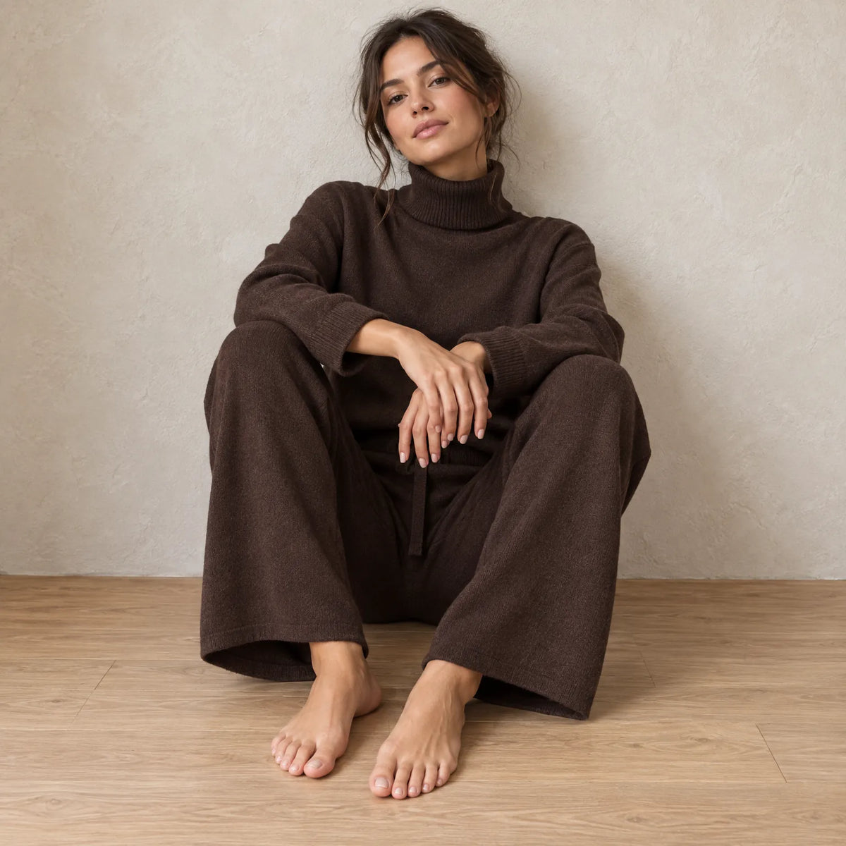 Women's Turtleneck Knit Lounge Set - Sweater & Wide-Leg Pants - Chocolate