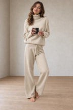 Women's Turtleneck Knit Lounge Set - Sweater & Wide-Leg Pants - Cream