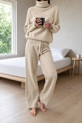 Women's Turtleneck Knit Lounge Set - Sweater & Wide-Leg Pants - Cream