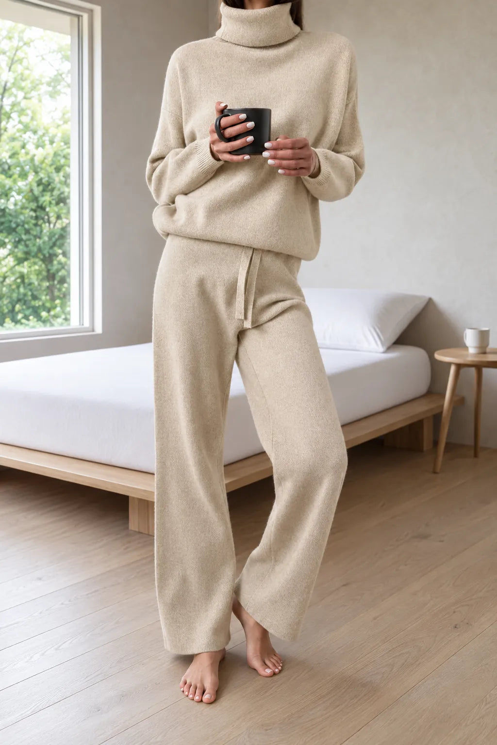 Women's Turtleneck Knit Lounge Set - Sweater & Wide-Leg Pants - Cream