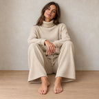Women's Turtleneck Knit Lounge Set - Sweater & Wide-Leg Pants - Cream