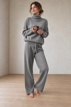 Women's Turtleneck Knit Lounge Set - Sweater & Wide-Leg Pants - Gray