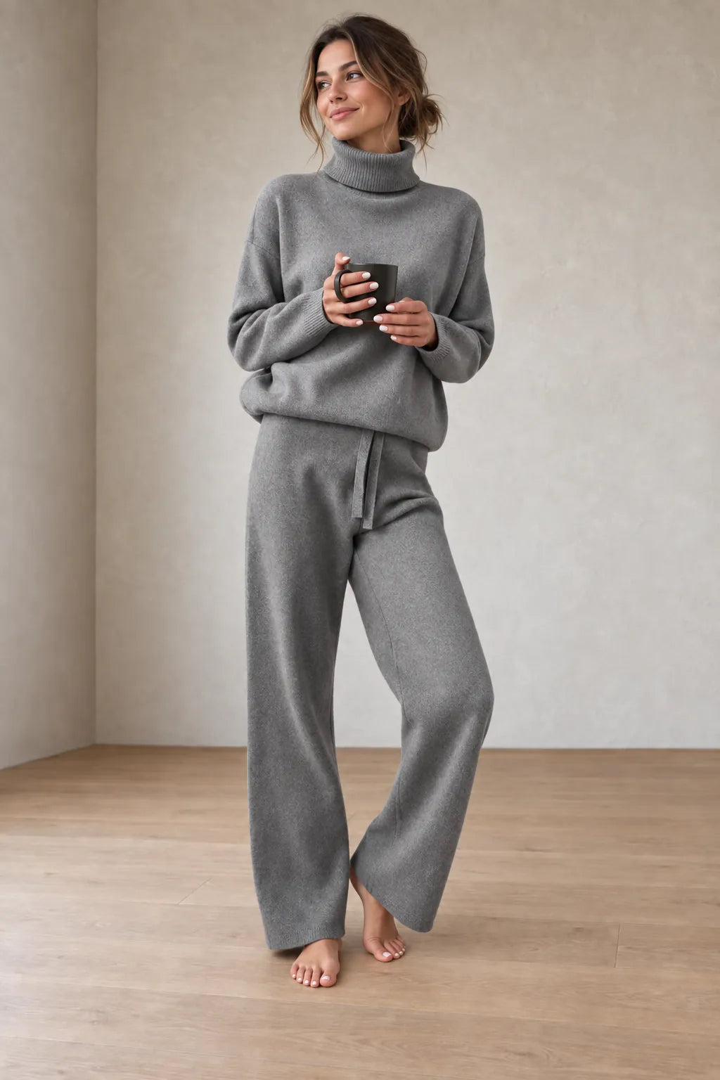 Women's Turtleneck Knit Lounge Set - Sweater & Wide-Leg Pants - Gray