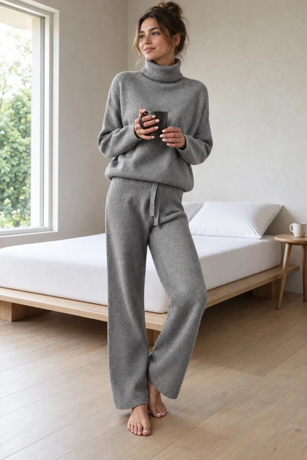 Women's Turtleneck Knit Lounge Set - Sweater & Wide-Leg Pants - Gray