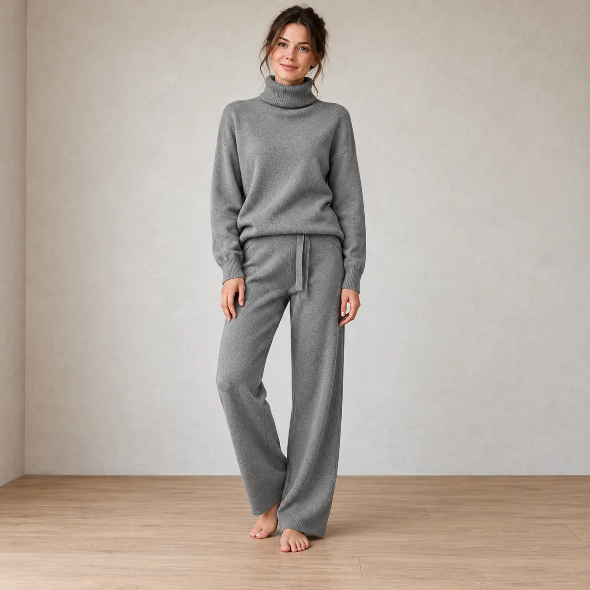 Women's Turtleneck Knit Lounge Set - Sweater & Wide-Leg Pants - Gray