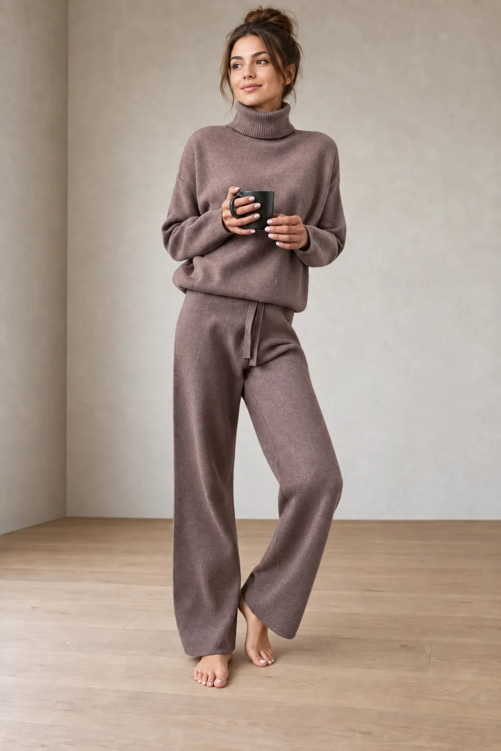 Women's Turtleneck Knit Lounge Set - Sweater & Wide-Leg Pants - Mauve