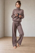 Women's Turtleneck Knit Lounge Set - Sweater & Wide-Leg Pants - Mauve