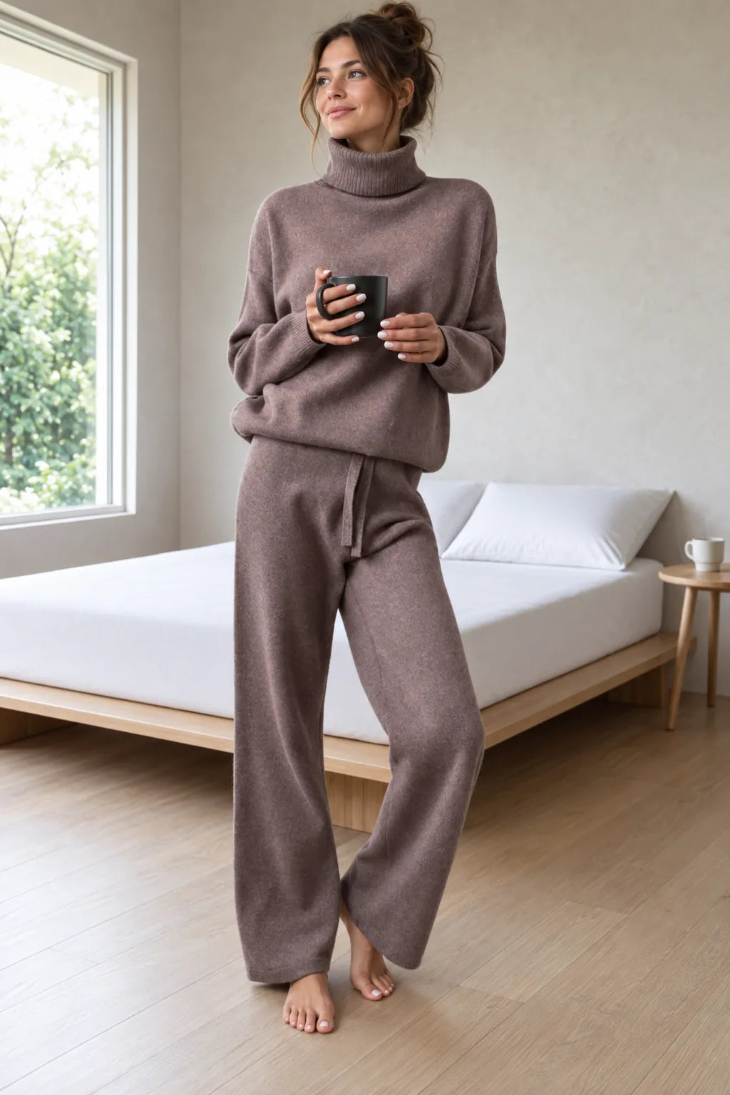 Women's Turtleneck Knit Lounge Set - Sweater & Wide-Leg Pants - Mauve