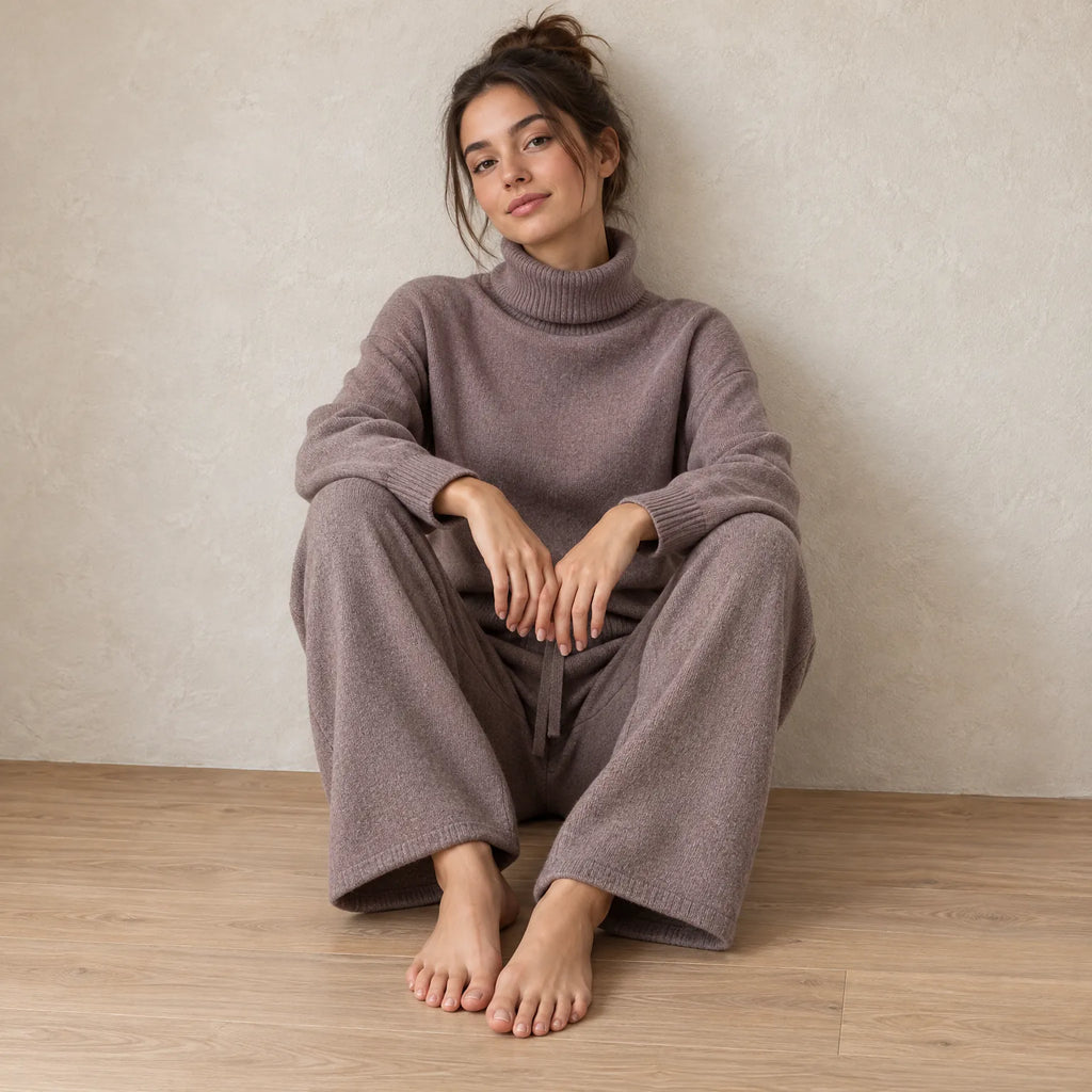Women's Turtleneck Knit Lounge Set - Sweater & Wide-Leg Pants - Mauve