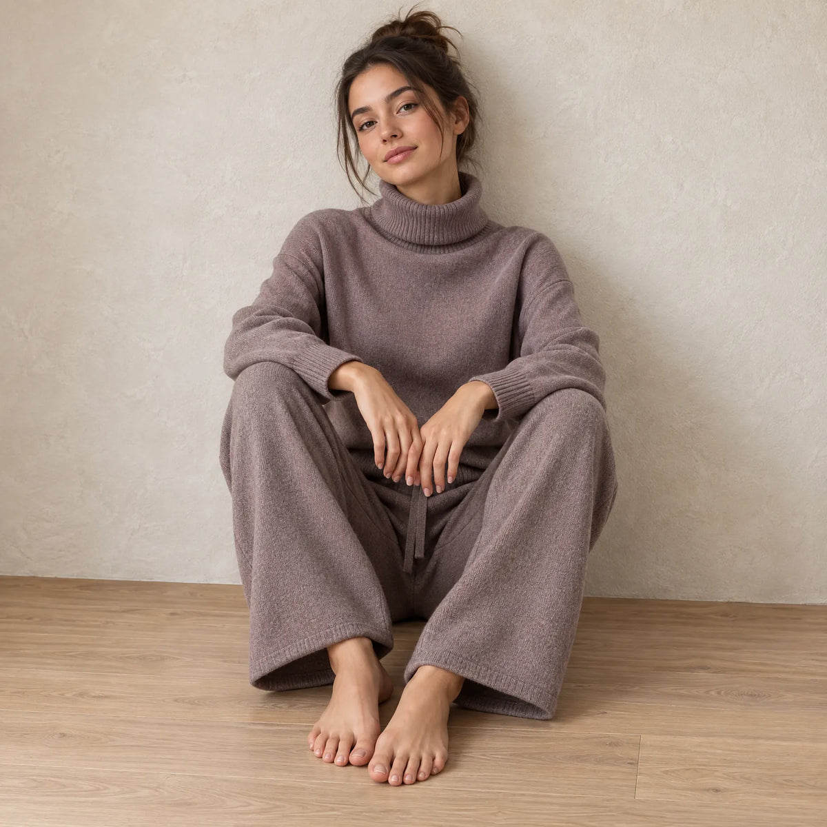 Women's Turtleneck Knit Lounge Set - Sweater & Wide-Leg Pants - Mauve